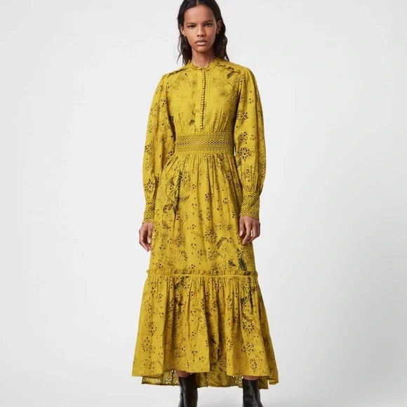 NWT ALLSAINTS Women’s Sia Demoir Broderie Dress Olive US4
